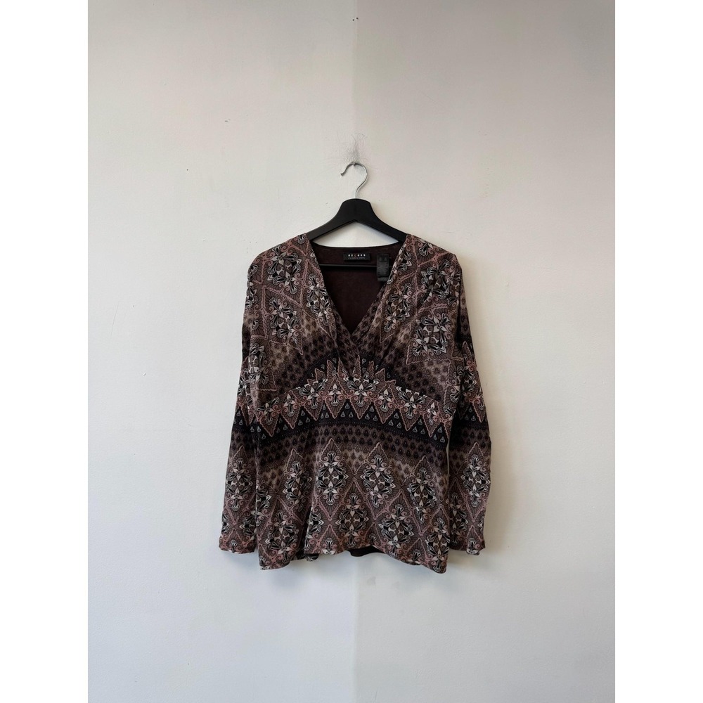 VTG Axcess Blouse Womens XL Brown Paisley‎ V Neck Long Sleeve Stretch Top Y2K